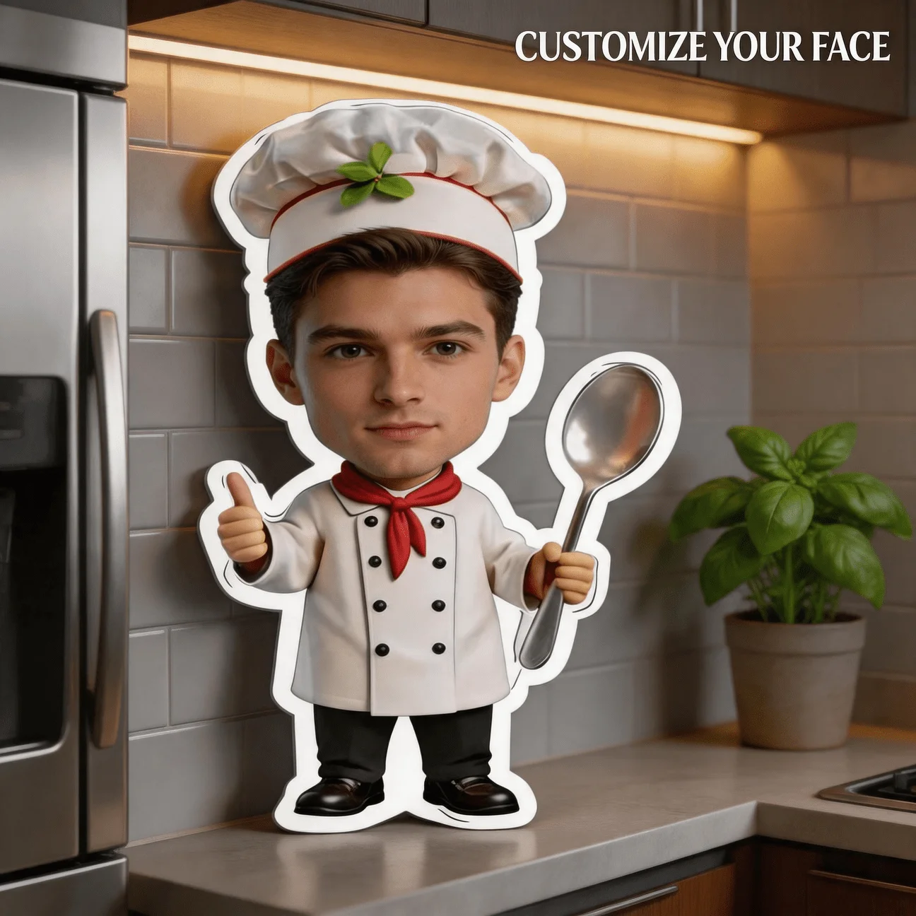 Custom Chef Photo Shaped Pillow, Personalized Face in White Uniform with Red Scarf & Spoon, Unique Decorative Cushion for Home D