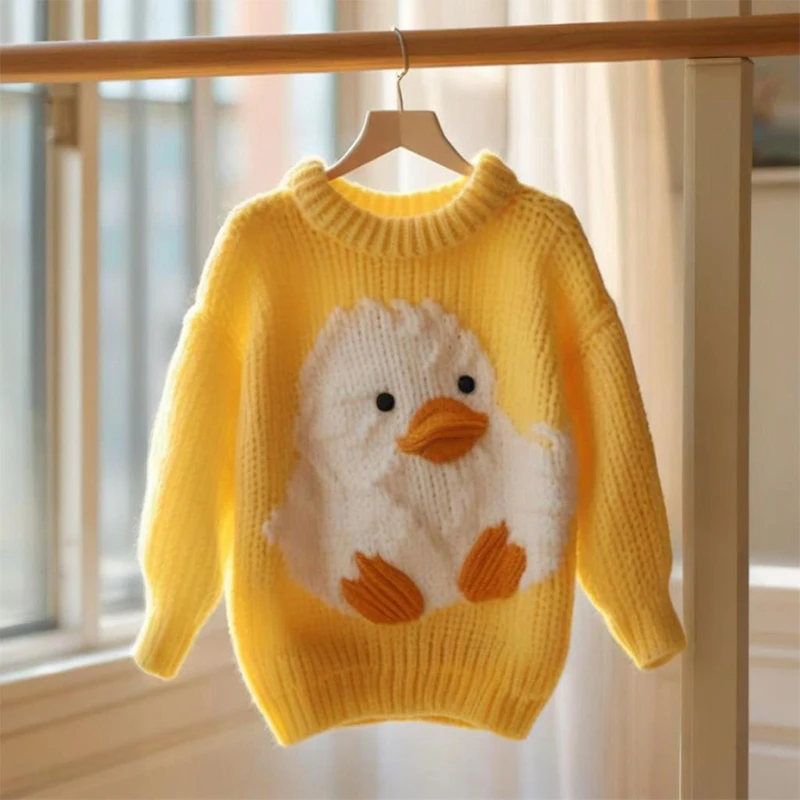 Korean Jacquard Wool Knit Sweater Autumn Winter Gentle Yellow Duck Cashmere Pullover Loose O-Neck Soft Knitwear Lazy Style 084H