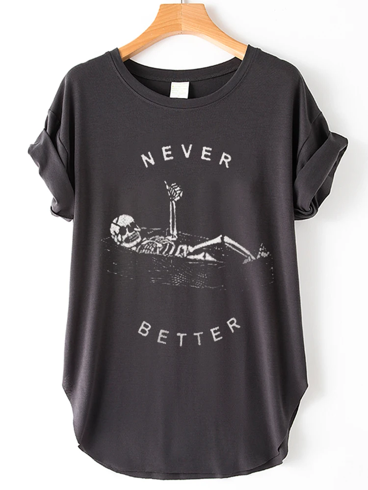 Seeyoushy Funny Skull Skeleton Never Better Print Side Slit Women T-shirts Summer Vintage T-shirt Femme Short Sleeve Top Clothes