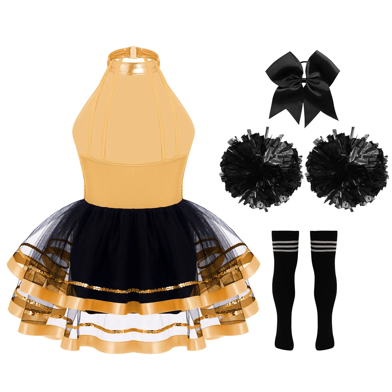 Kids Cheer Costume Girl Sleeveless Halter Sequin Tulle Dress with Flower Balls Headwear and Socks for School Cheerleading Dance