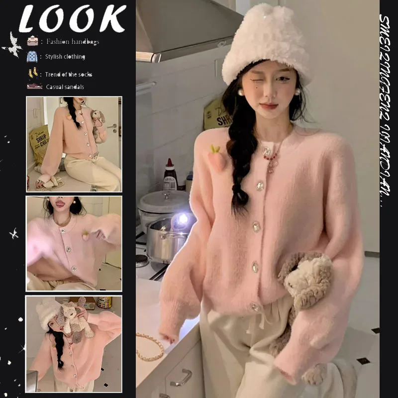 Pink Mink Fur Mohair Knitted Sweater Cardigan Women's Autumn Winter 2023 New Design Sense Soft And Lazy Top