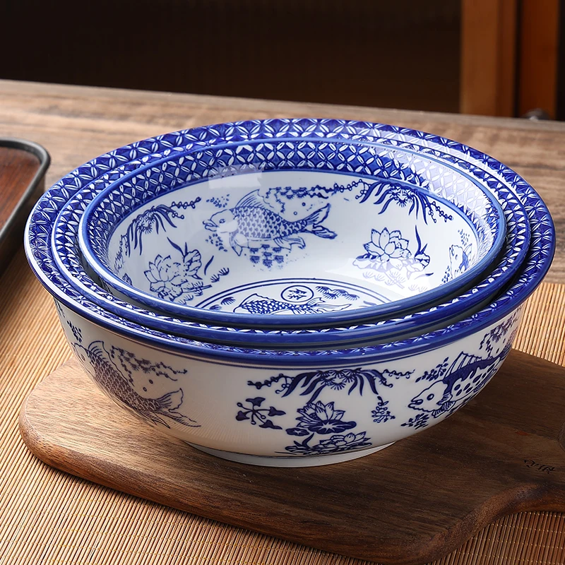 

Сине-белая фарфоровая миска Cerc, миска для смешивания теста, вареная говядина, Сычуаньский ворс, коммерческая большая миска для домашнего использования