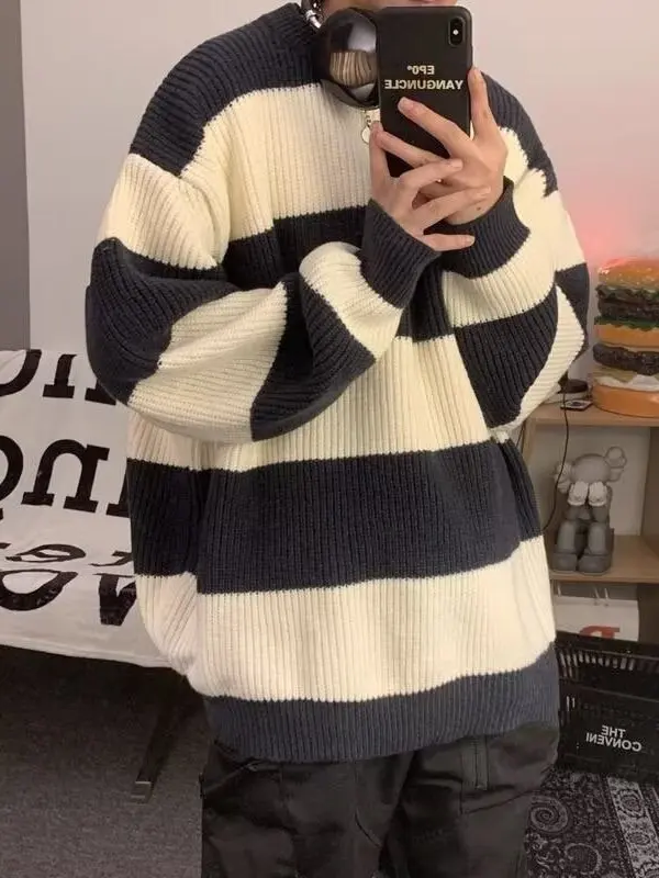

Thiened Stripe Knitted Sweater Men's Autumn Winter New Sle Lazy Faion Long Sve round Ne Warm Soft Polyester Fiber