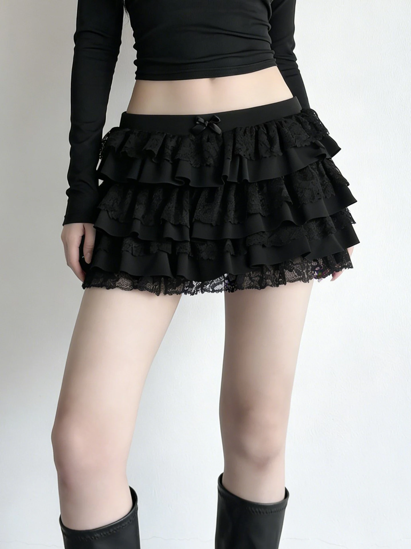 

Weekeep Dark Spicy Girl Knot Lace Splice Multi-layer Cake Short Low Waist Slimming Pure Color Versatile Short Skirt