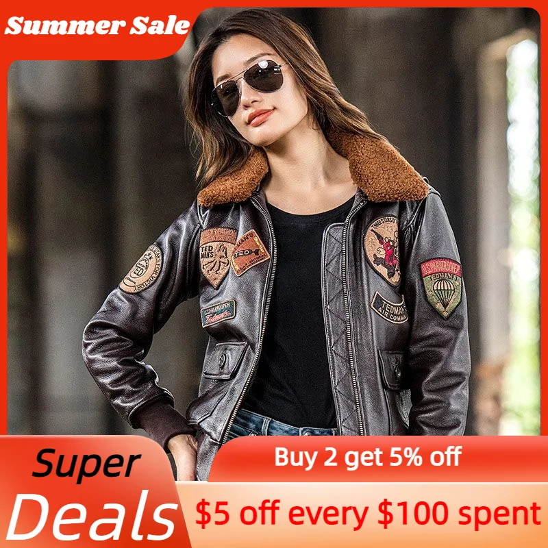 Dark Brown G1 Pilot Leather Jacket Women Military Style Plus Size 3XL Natural Cowhide Autumn Aviation Genuine Leather Coats