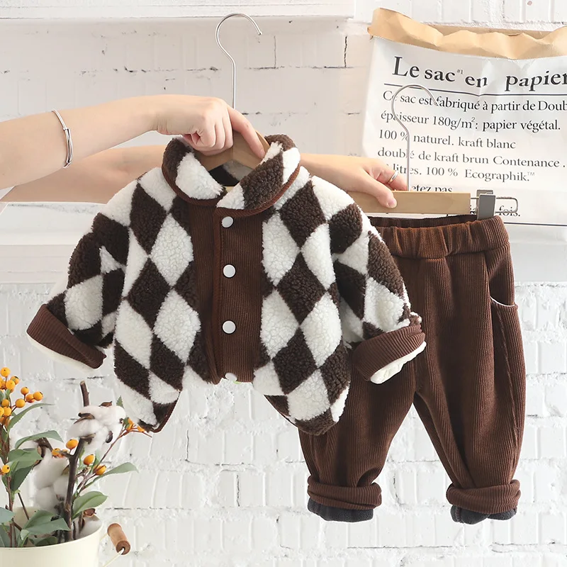 Winter Baby Boys Girls Clothing Sets Children Rhombic Lattice Thickened Plush Coats Pants Kids Tracksuit Infant Clothes Outfits