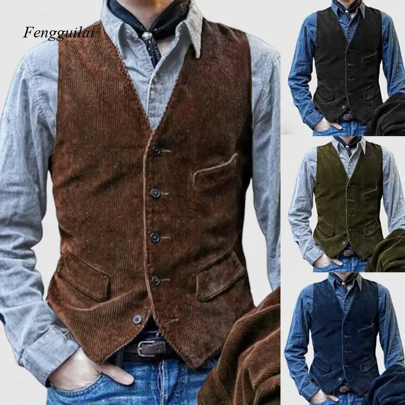Men's Vintage Corduroy Vest V-Neck, Button Closure, Multi-Pocket Design Retro Western Style for Casual & Formal Wear