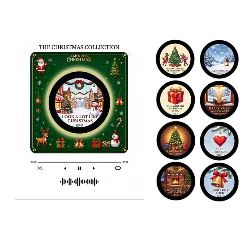 ABLK Xmas Night Light Fridge Magnet Christmas Magnetic Music Built-In LED Touch To Play Vinyl Record Player