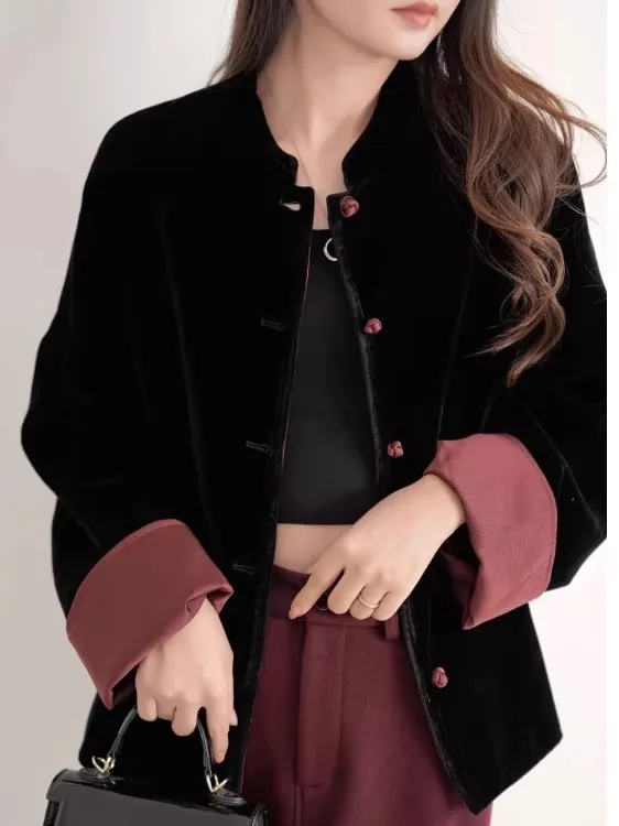 

Женская вельветовая куртка в китайском стиле Тан, весенне-осенняя, свободного кроя, с эффектом похудения, на пуговицах, с длинными рукавами, воротник-стойка