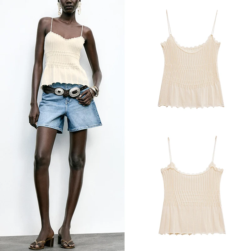 Letni, dzianinowy, prążkowany top damski na ramiączkach, oryginalny projekt, dopasowany krój, włókno poliestrowe, pojedynczy element, kolor