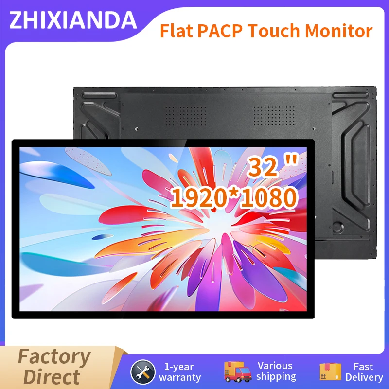 Zhixianda 32 Inch 1920*1080 Industrial Capacitive Touch Screen Monitor Flat Pure Waterproof  LCD Display With DVI VGA HDMI USB