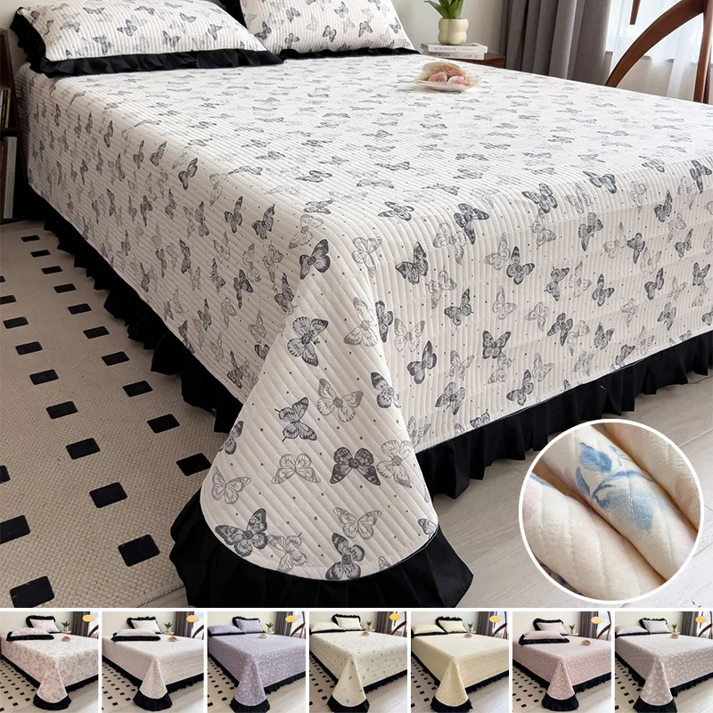 

1PC French Ruffle Hem Bedspread Floral Print Quilted Mattress Protector Black Contrast Machine Washable Multi Use for Bed Sofa