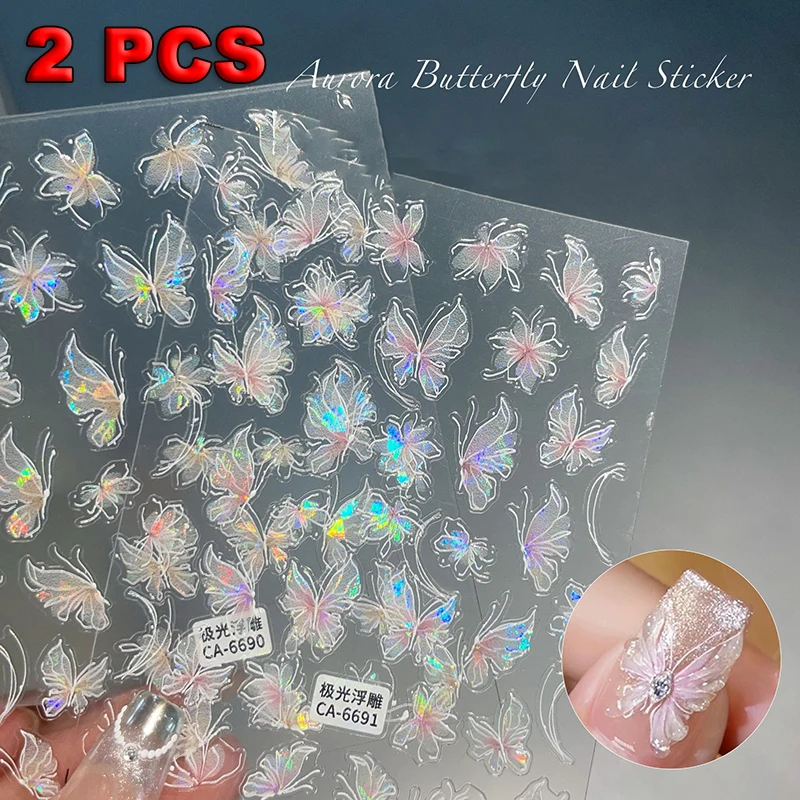 3D Jelly Self Adhesive Nail Art Stickers Aurora Butterfly Nail Stickers Gold Stamped Blue Green Glitter Butterfly Manicure Decal