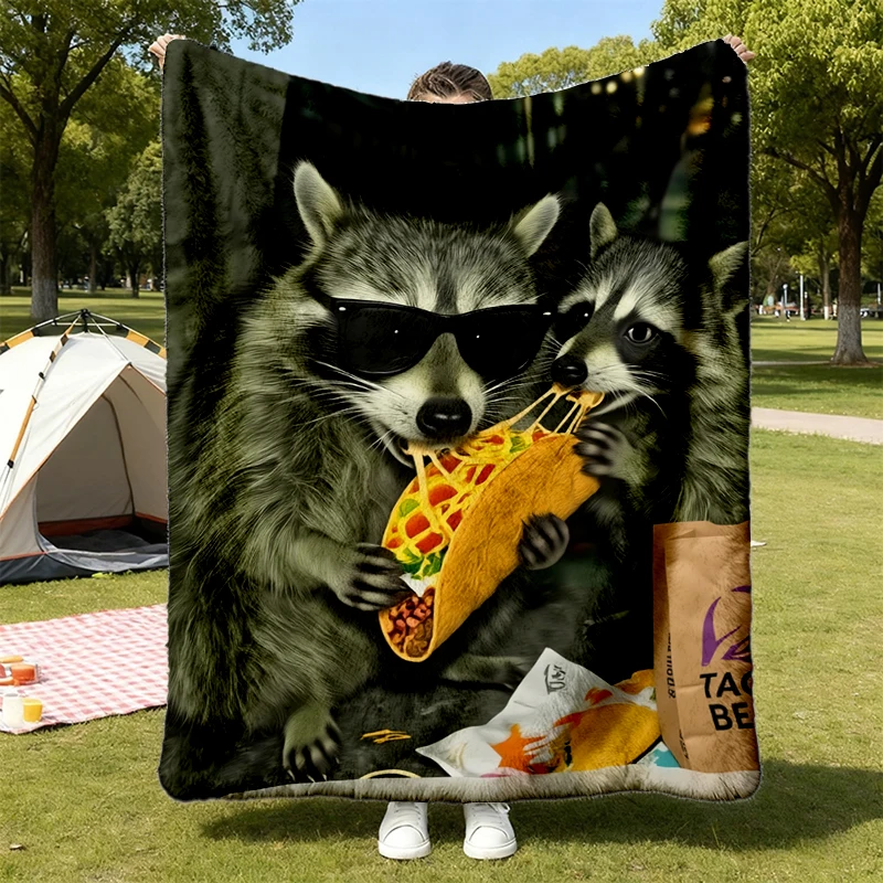 Raccoon Taco Bell Meme Flannel Blanket, Funny Trash Panda Flannel Throw, Vintage Taco Lover Cozy Blanket, Funny Animal L