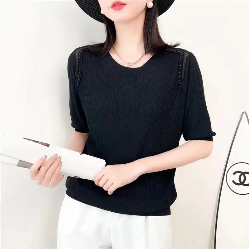 New Spring and Summer Women\'s Solid O-Neck Half Sleeve Loose Plus Size Pullovers Embroiled Flares Hollow Out Fashion Tops