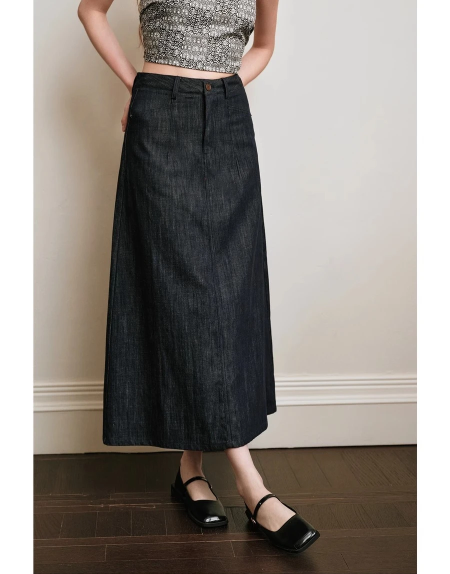 OLrain Sommer 2025 Mode Midi A-LINE High-taille Rock 100 % Baumwolle Denim Marineblau Knopf Befestigen Rock Frau Kleidung O57XB99092