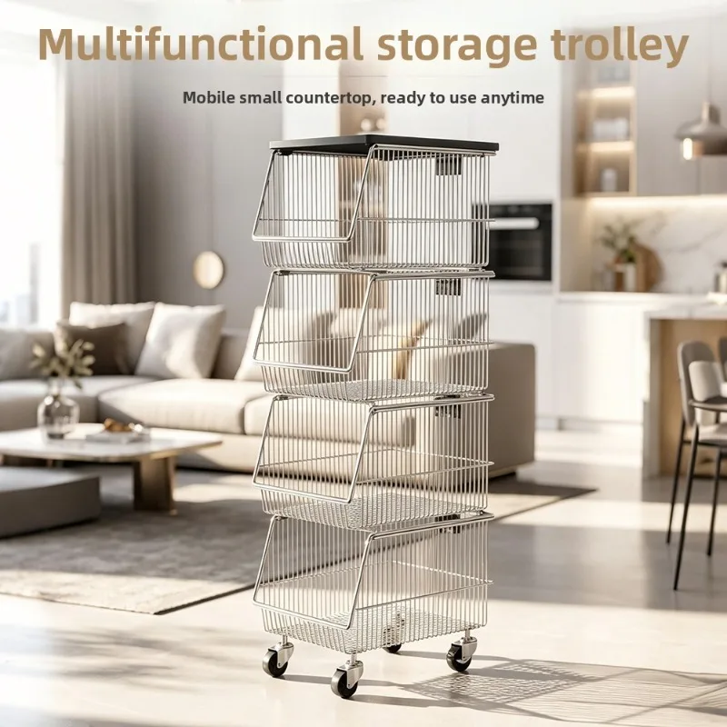 Stainless Steel Mobile Kitchen Counter Storage Basket Vegetables Fruits Snacks Movable Storage Cart Kitchen Trolley Trolley Cart
