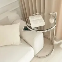 Adjustable Height Coffee Table Scandinavian Style C-Shaped Glass Top Stainless Steel Sofa Side Table for Living Room