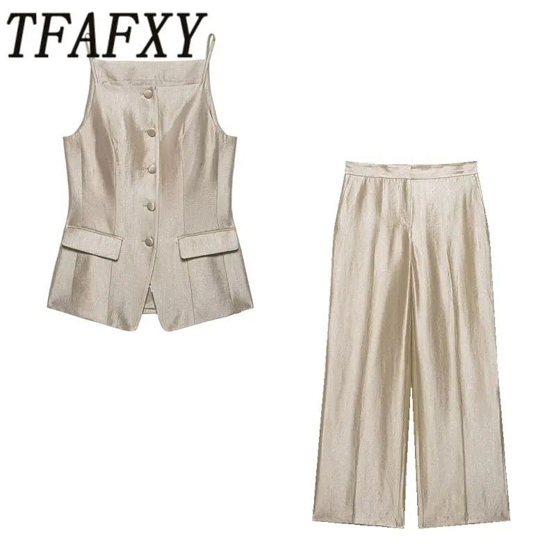 TFAFXY 2026 Frühling Bürokleidung Glänzende Satin-Damensets Dünne Knopflose Ärmellose Schlanke Weste Crop-Top Weite Hosen Sommeranzüge