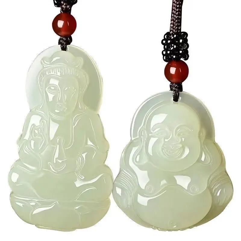 Hetian Guanyin Pendant Unisex Afghan Necklace Laughing Buddha Natural Jade