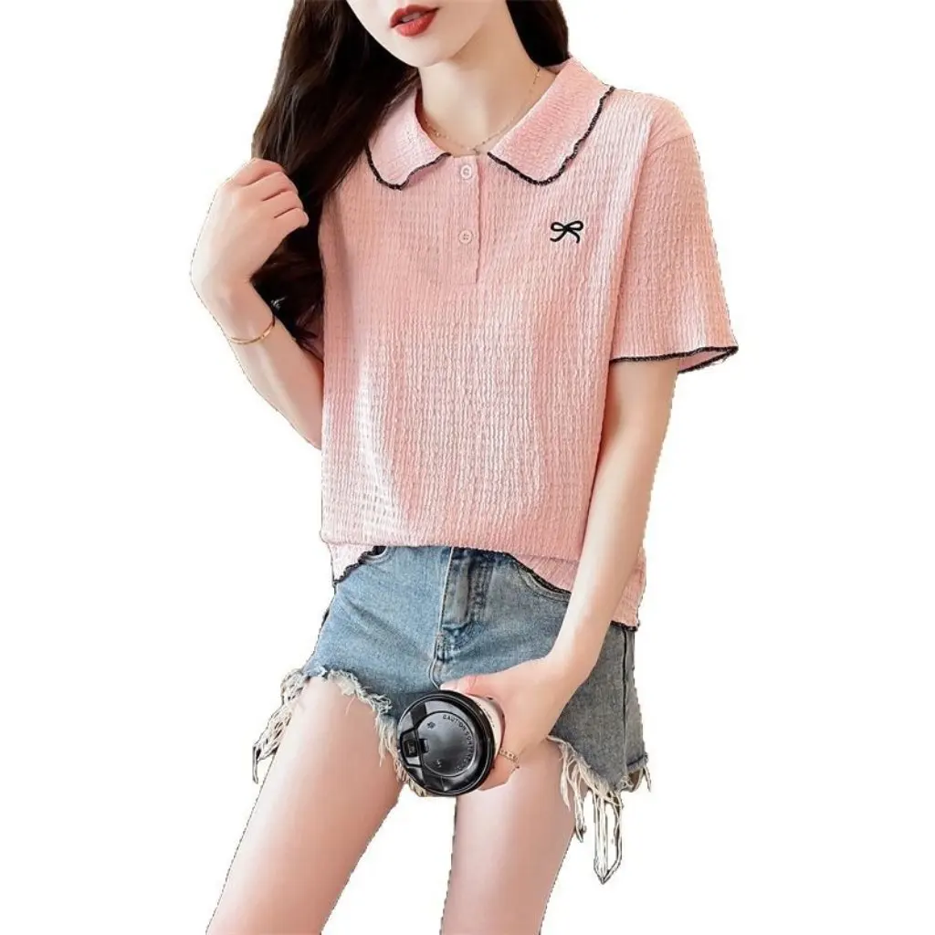 

Women's Summer Doll Collar Polo Shirt Short-Sleeved Pleated T-shirt Loose Fit New Design Top Casual Wear
