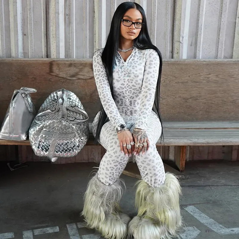 ليوبارد طباعة سليم مضيئة حللا 2025 الخريف المرأة موضة مثير سستة كم طويل الخوخ الوركين التمهيد قطع وزرة غير رسمية رومبير