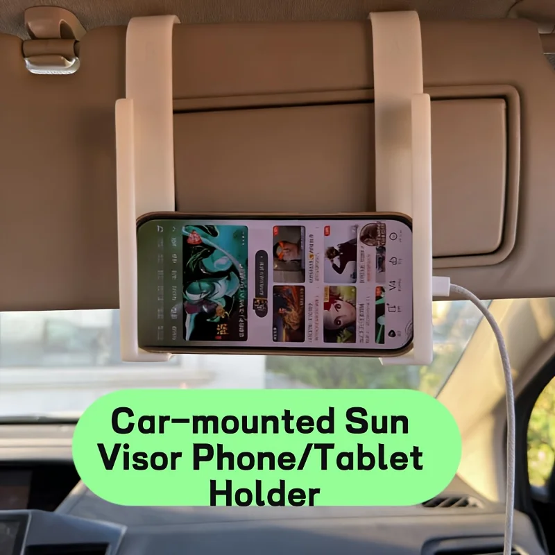 Universal Car Sun Visor Phone/Tablet Holder (With Charging Port),Adjustable White Clip Suitable for Most Car Models,L-Shaped