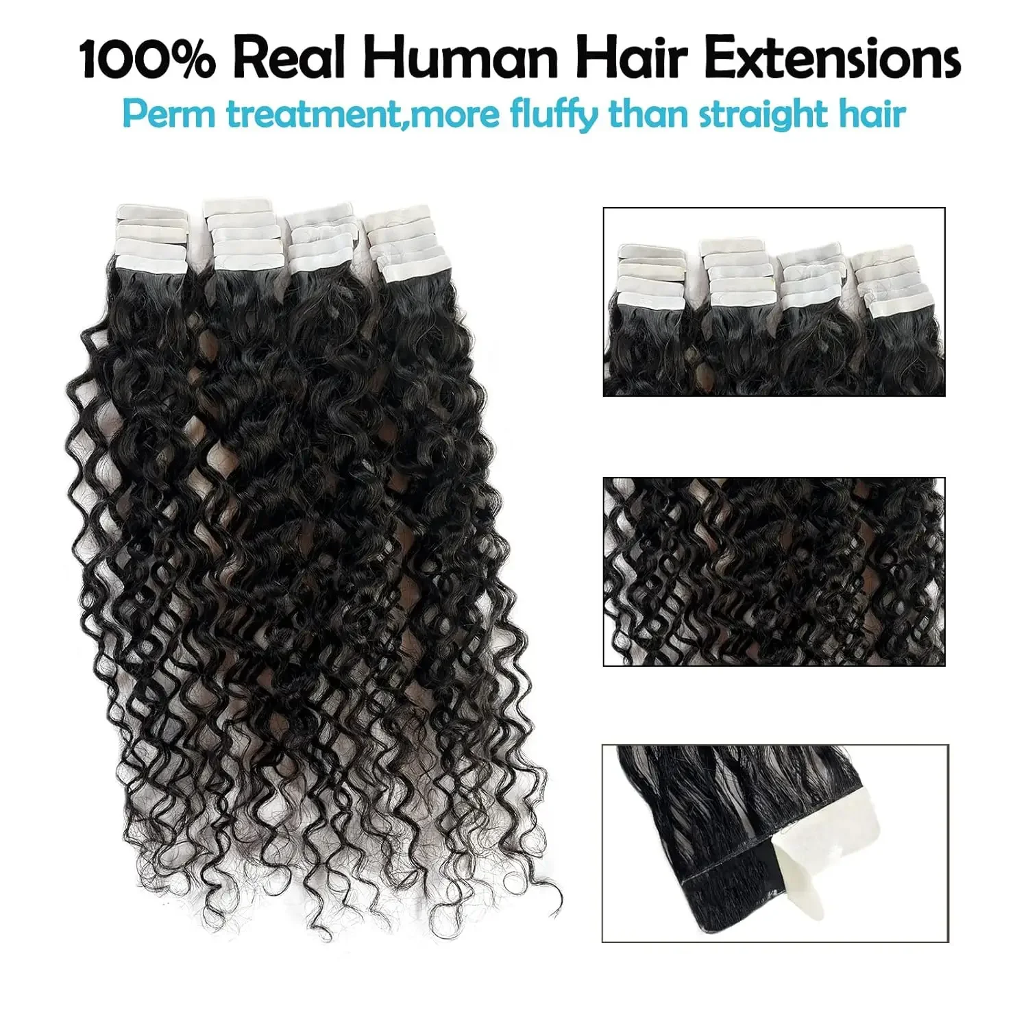 Deep Water Wave extensões de cabelo, 100% Remy cabelo humano, pele fita trama, preto natural, 16-26in, # 1B, 20 PCs