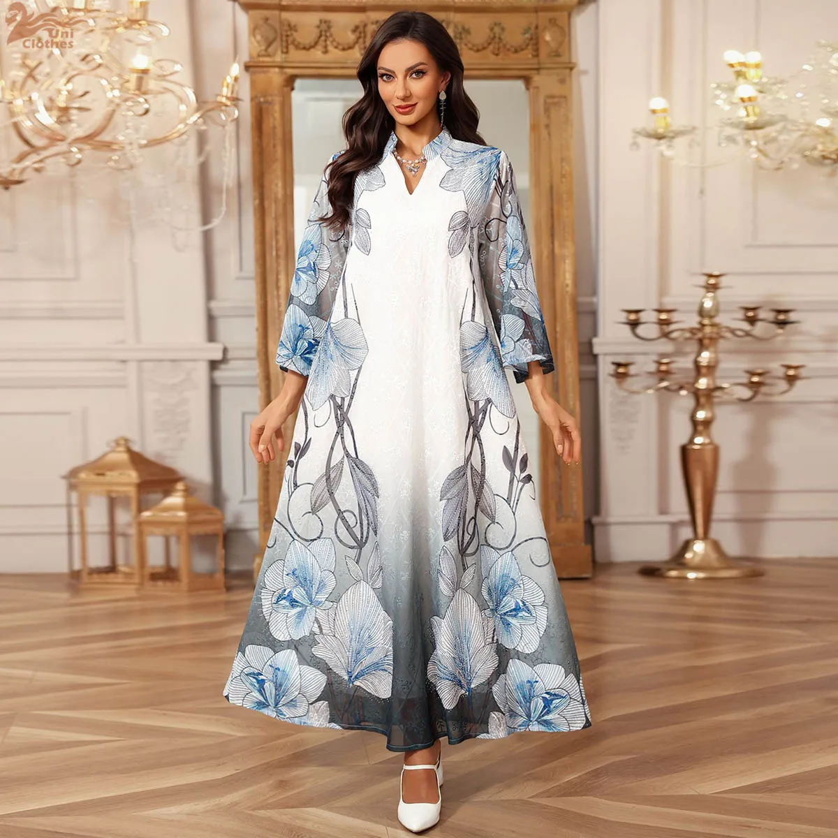 Uni oriente médio vestido muçulmano dubai feminino robe moda floral impresso bordado abaya feminino vestido muçulmano frisado maxi vestido
