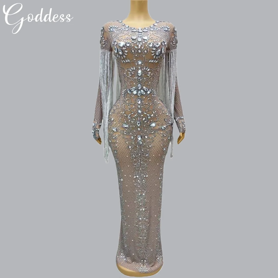 

Women's Bling Rhinestones Fringes See Through Long Dress Celebrate Birthday Party Evening Gown Dress Prom Outfit Sexy Stage Wear