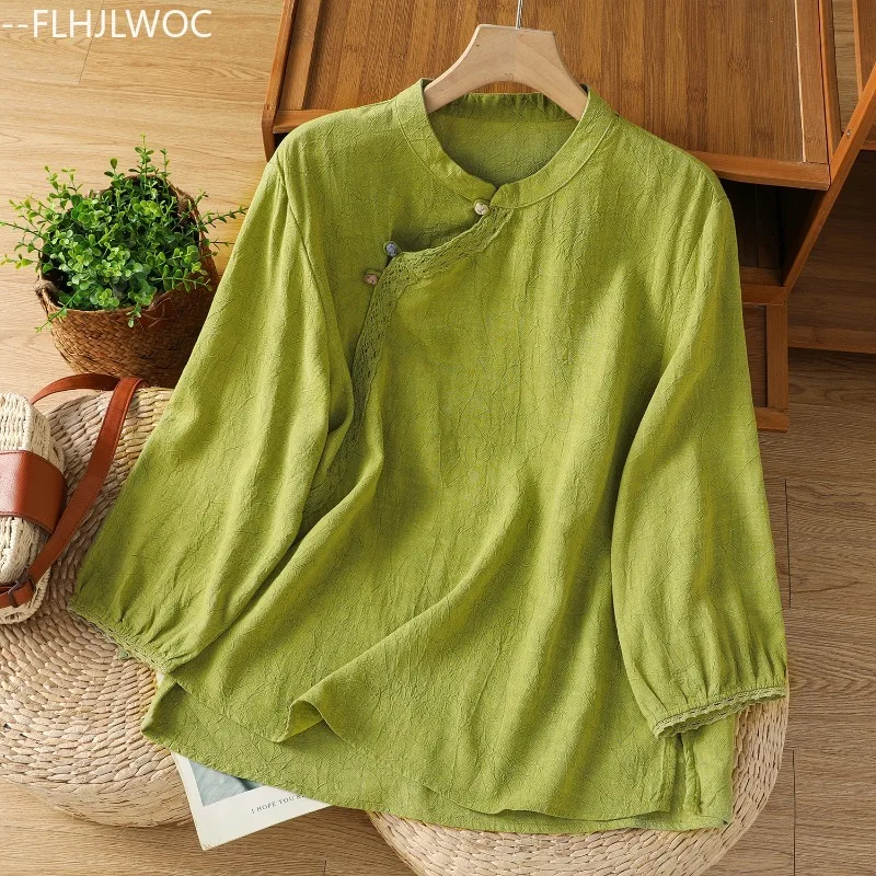 Stand Collar Cotton Top Blouse Women Retro Embroidery Literary Preppy Style Girls Traditional Chinese Style Long Sleeve Shirt