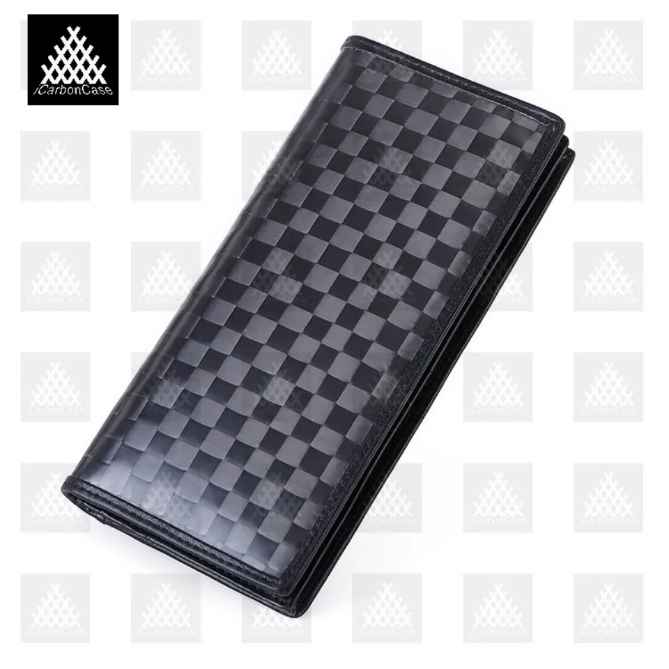 Real Plaid Carbon Fiber Men Long Wallet Multifunctional Two Fold Clutch Hand Bag for Cards / Money / Photos Men's Gift with Box