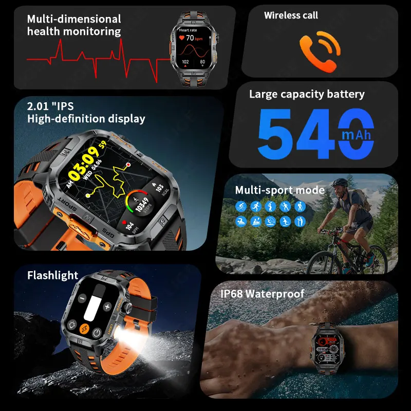 LIGE New 2.01"HD Screen Outdoor Sports Smart Watch 2025 GPS Flashlight Bluetooth Call IP68 Waterproof Compass Smartwatch for Men