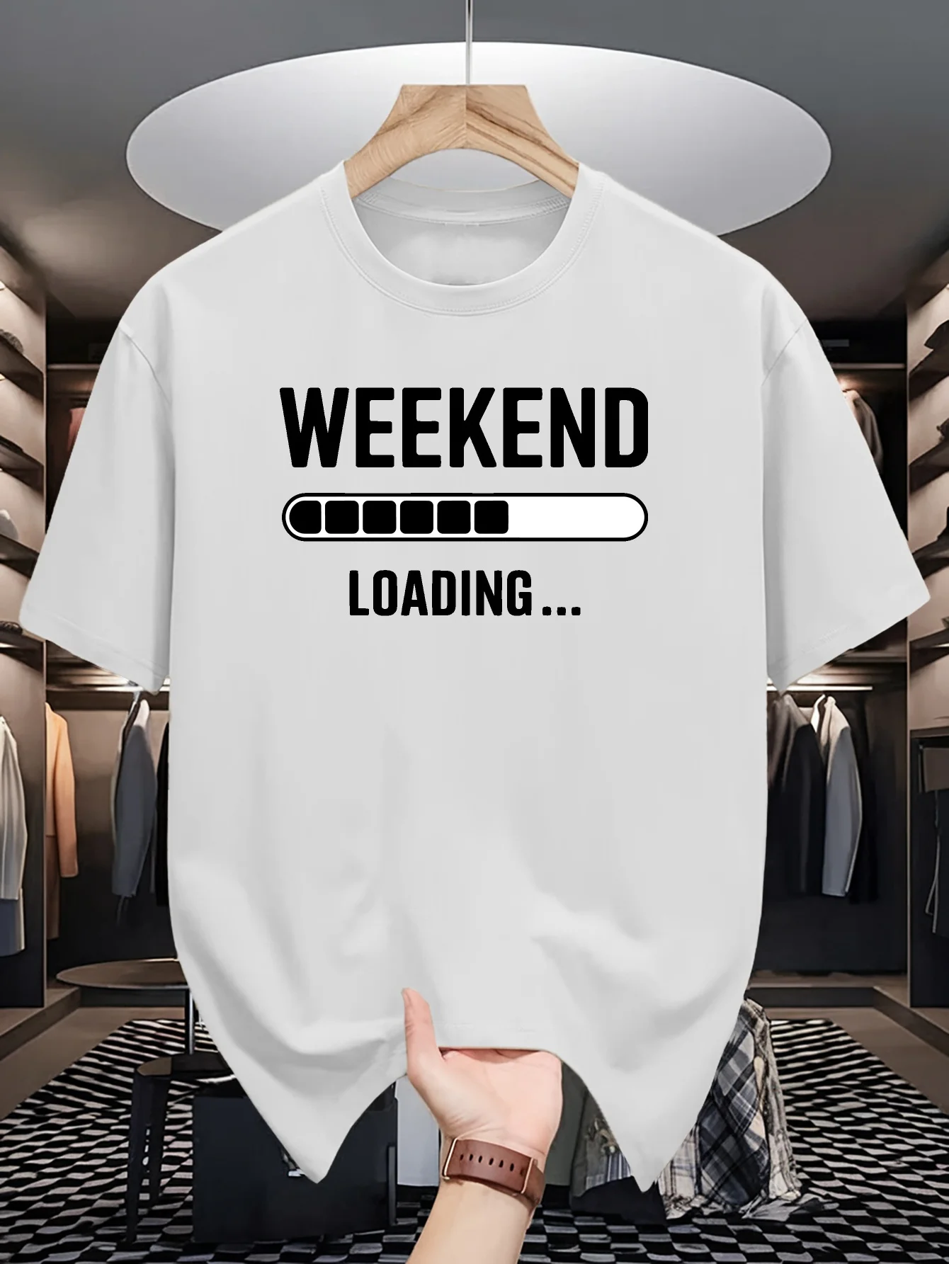 Mens Crew Neck T Shirt Weekend Loading Progress Bar Funny Text Graphic Short Sleeve Casual Cotton Office Humor Streetwear Tees