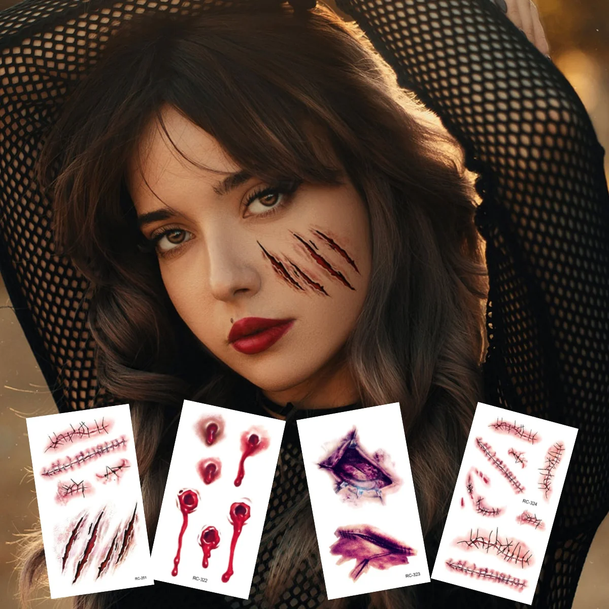 8 feuilles Halloween terreur plaie tatouage temporaire imperméable réaliste sang tatouages blessure cicatrice tatouage autocollants pour visage mains