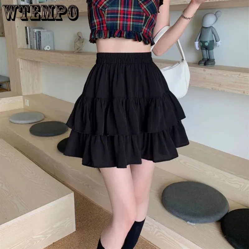 

Elastic Waist Fluffy Short Skirt Women's Ruffled A-line Cake Skirt Built in Shorts Solid Color Simple Casual Hotsweet Summer