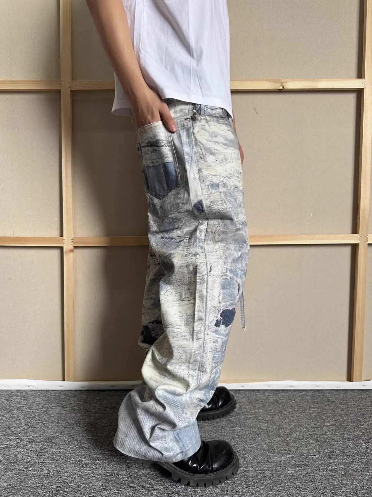 

Американские винтажные мужские джинсы с 3D цифровой печатью, прямые широкие брюки, износостойкие длинные брюки с высокой талией