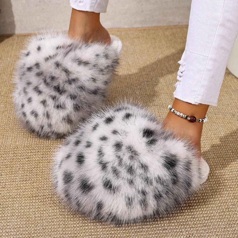 Damen Warme Hausschuhe Plüsch Leopardenfell Flauschige Pantoffeln Große Größen Geschlossene Zehenpartie Flache Sandalen Weiche Bequeme Schuhe für Frauen – Detail 10
