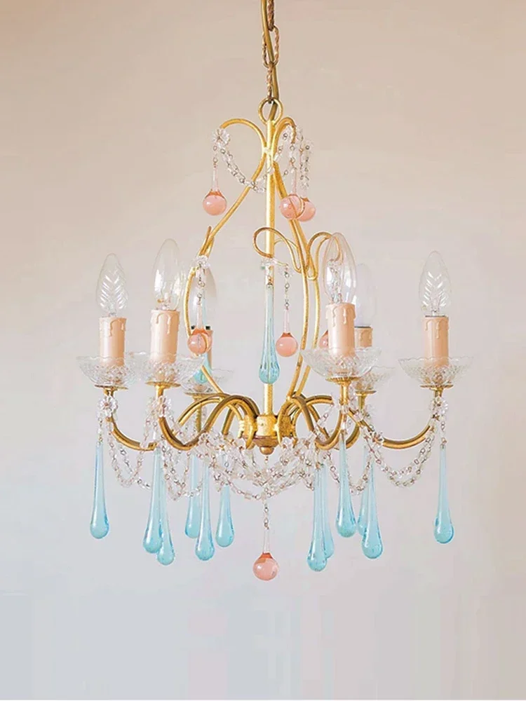 

European French dream pink blue crystal all copper chandelier retro light luxury living room dining bedroom люстра подвесная