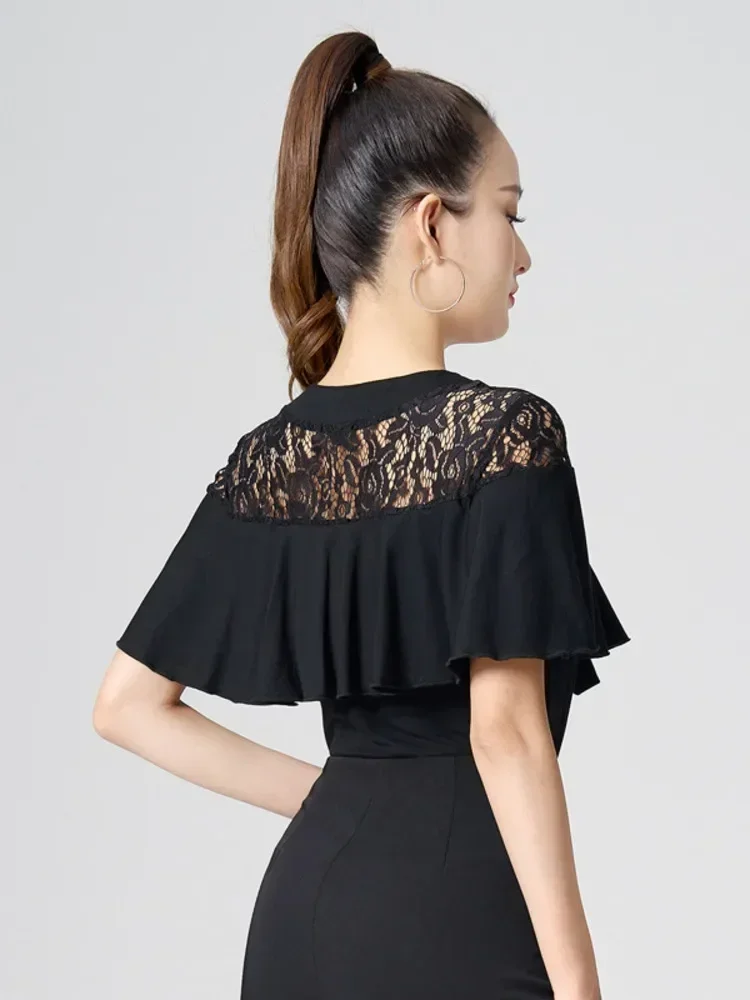 Lace Patchwork Latin Dance Costume Waltz Tops Adult Modern Tango Wear Woman Solid Color Short Sleeve Prom Belly Evening Clothes