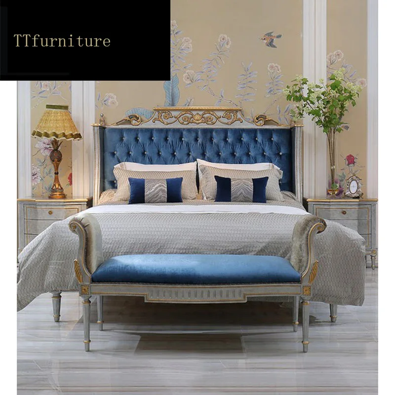 

modern european Italian solid wood genuine leather bed Fashion Carved luxurious french bedroom set furniture king size jx105