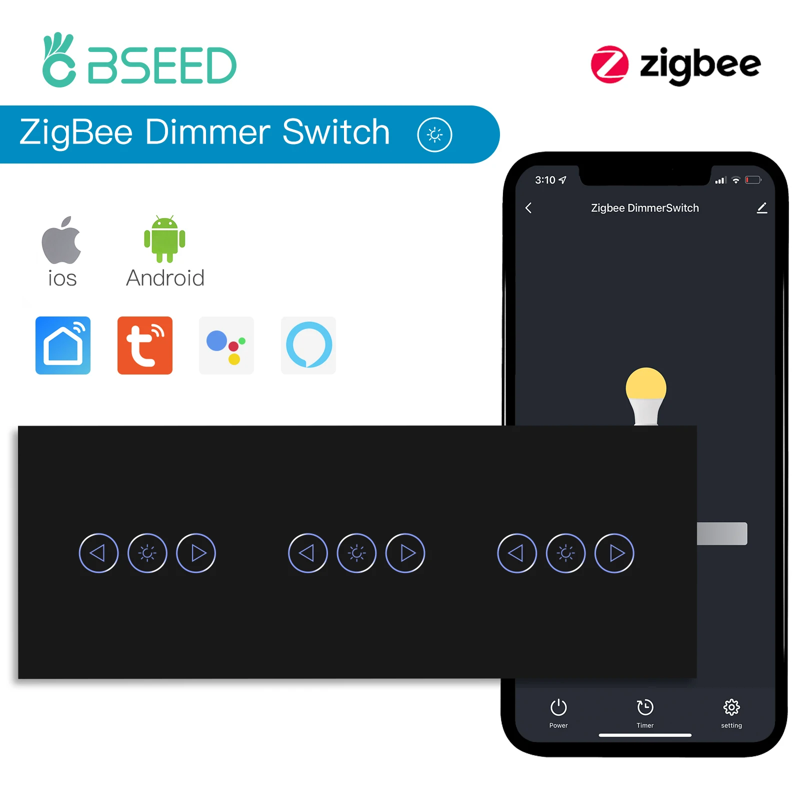 BSEED Zigbee dimmeren Tuya APP-bediening Smart LED dimbaar serie glas Google Alexa Smart Dimmer Touch-schakelaars Zwart