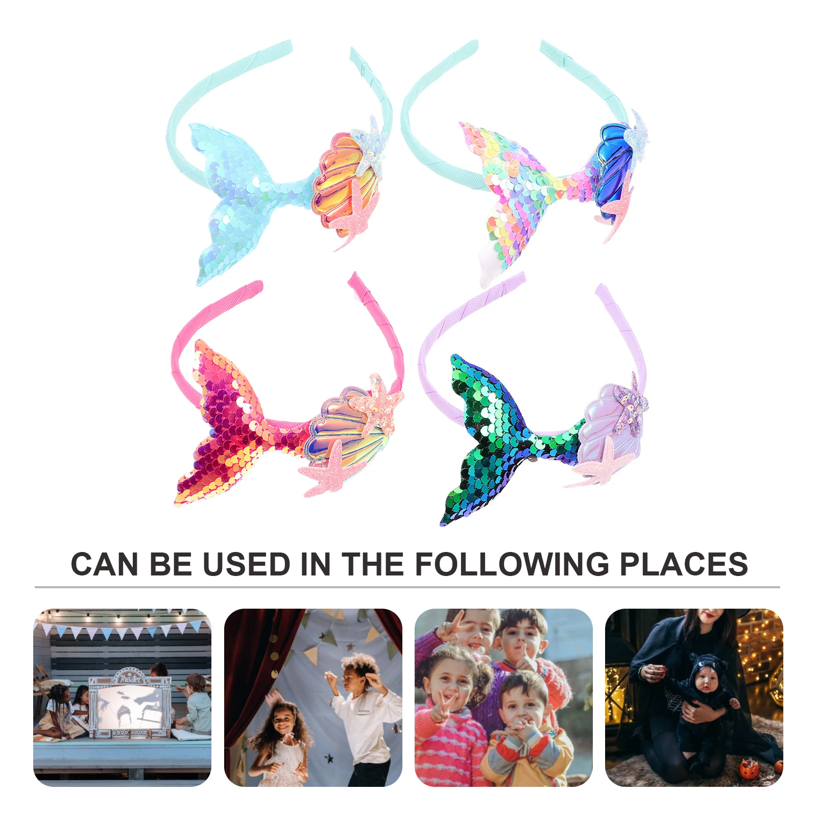 

4pcs Kids Hair Bands Sequin Headdress Children's Headband Party Costume Accessory Mermaid Decor Halloween Carnival Performance