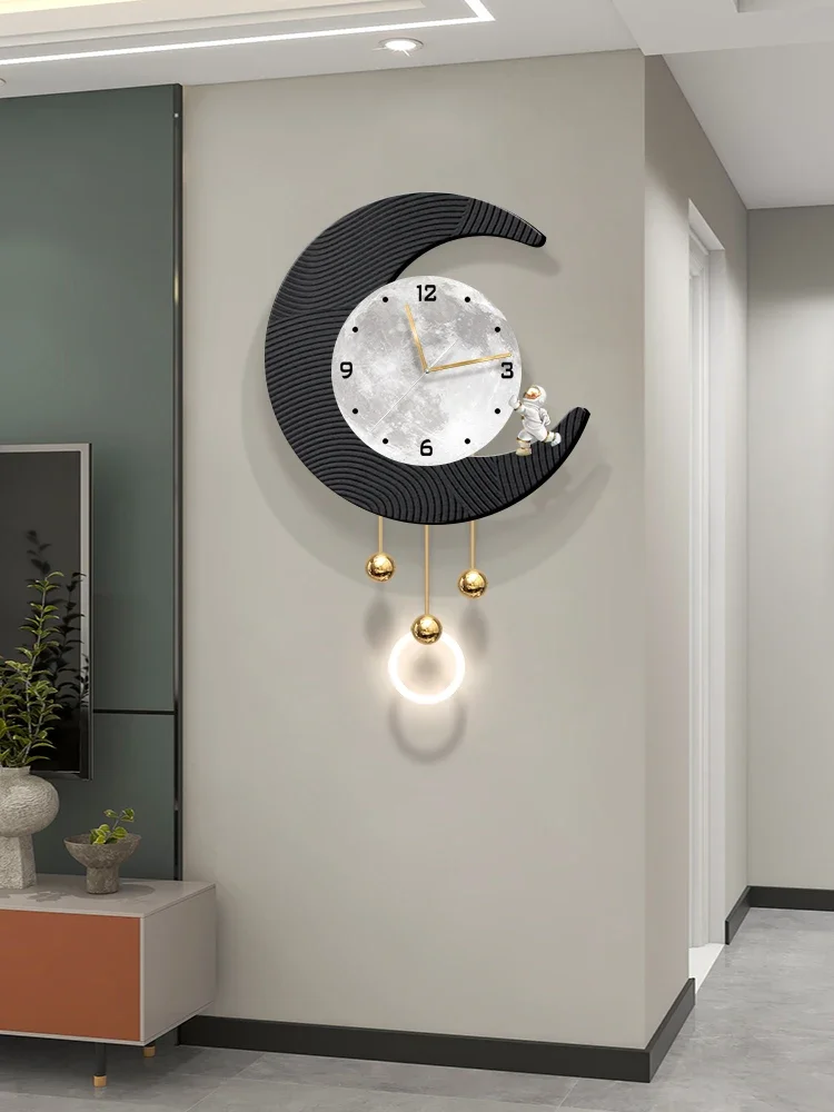 Living room wall clock modern simple creative astronaut hanging painting moon grille decorative painting wall lamp