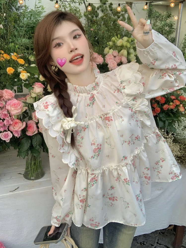 KIMOKOKM Autumn French Sweetheart Sweet Flower Printing Gentle Women Shirt Full Sleeve Lace Ruffles Single Breasted Doll Shirt