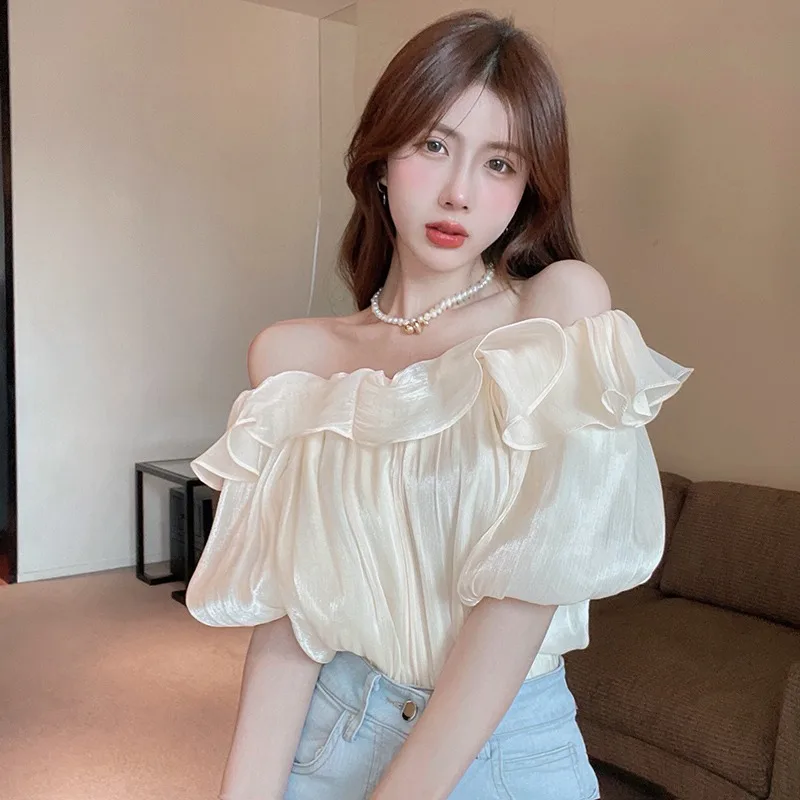 Women\'s Blouse Off Shoulder Flounces Chiffon Sweet Style Fashion Solid Color Temperament Youthful Clothes Short-Sleeved Shirt