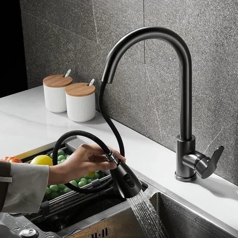 Pull Out Kitchen Facet 360 Degree Rotation Stainless Steel Cold and Hot Water Tap Basin Sink Water Mixer