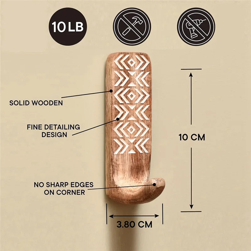 COFA-3 Pack Ganchos de Parede de Madeira Não Destrutiva - Ganchos de Parede Adesivos - Ganchos de Parede Decorativos Boho