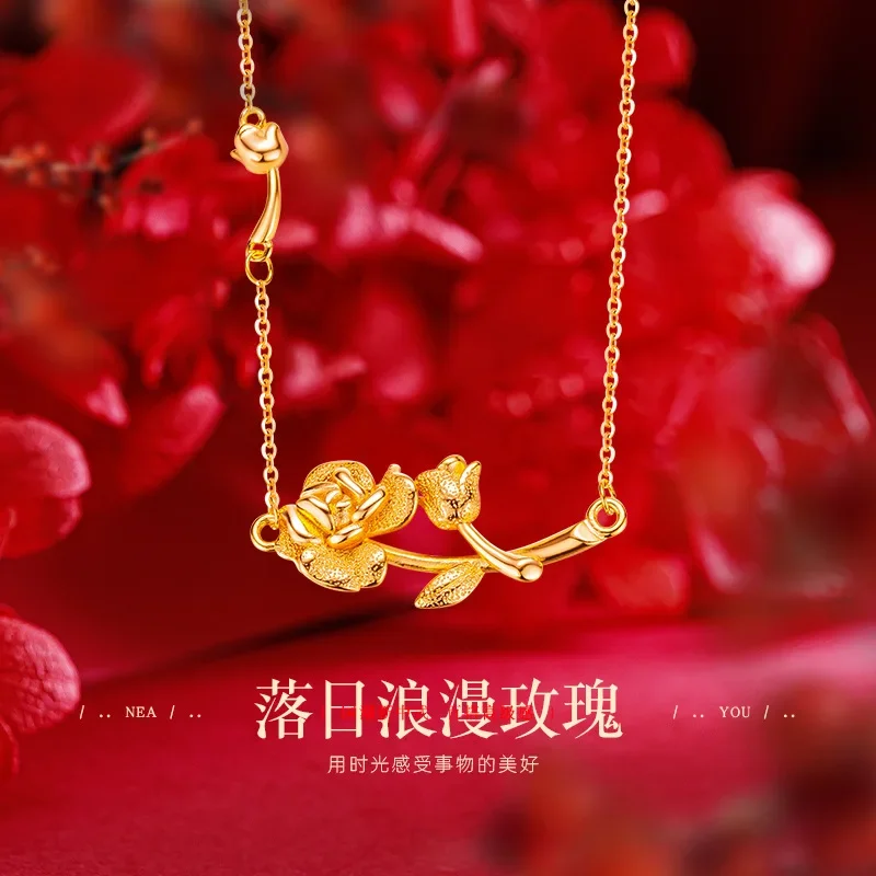 

9999 Real Gold 24K Premium Sunset Romantic Rose Clavicle Necklace Gold Niche Design Rose Flower Necklace