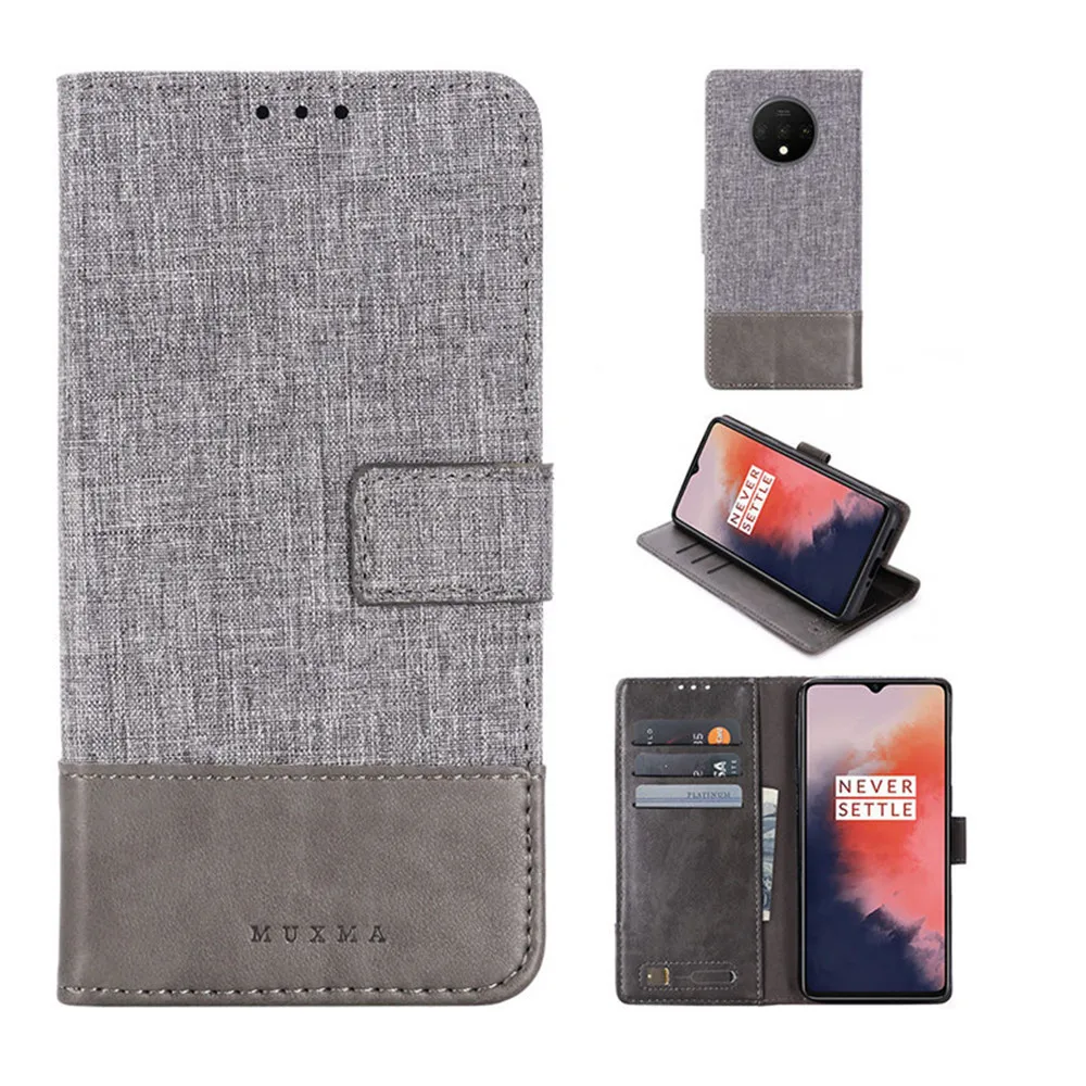 For OnePlus 7T Pro / 7 Pro / 6T / 5T / 3T Muxma Canvas Artificial Leather Flip Cover Stand Card Pockets Slot Wallet Case